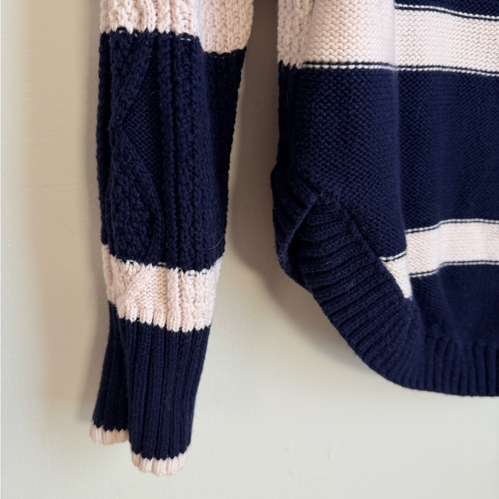GAP Navy and Cream Striped Turtleneck Sweater with Various Cable Knit Design - Picture 8 of 15